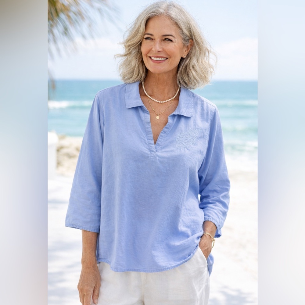 Calypso St. Barth Blue Linen Blend Tunic Top 1X Coastal Boho Resortwear